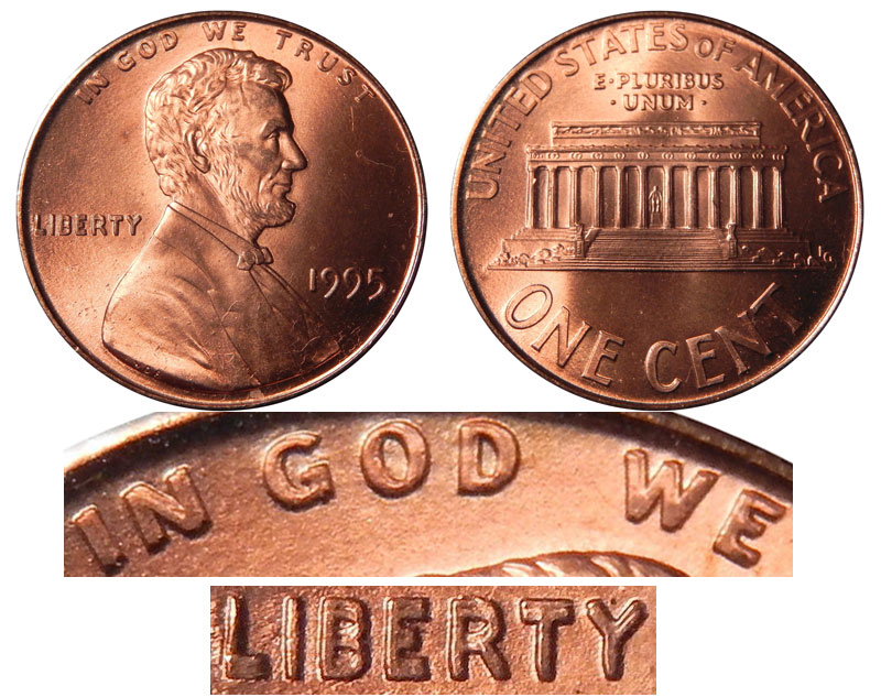 Side-by-side comparison of 1995 normal penny vs 1995 DDO showing doubled LIBERTY and IN GOD WE TRUST lettering