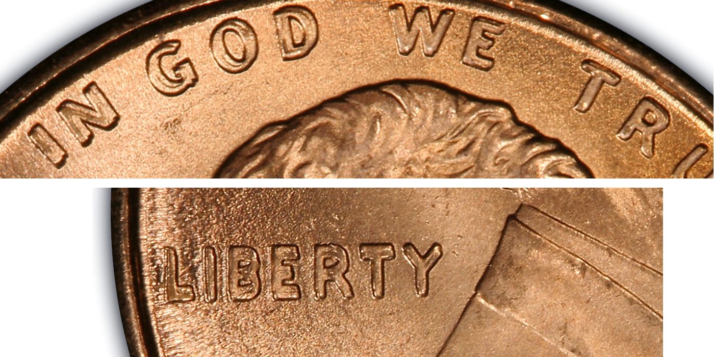 1995-P DDO penny close-up showing doubled LIBERTY and IN GOD WE TRUST lettering on the obverse (FS-101)