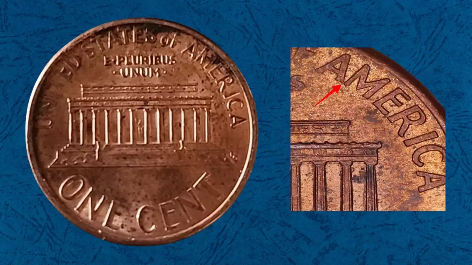 1995 penny reverse close-up showing the A and M letters in AMERICA for Close AM variety identification
