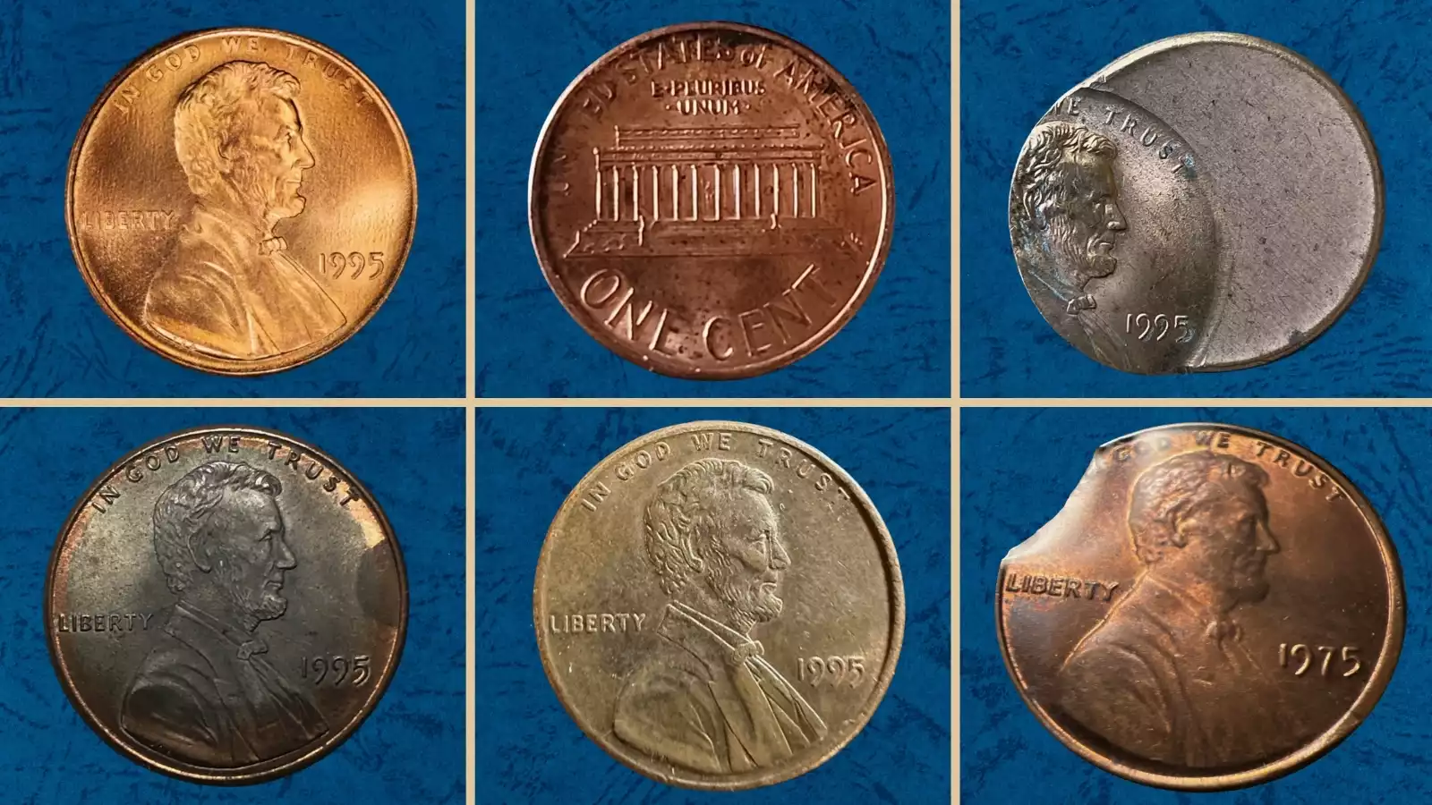 Group of 1995 Lincoln Memorial cents showing different grades and conditions from circulated to gem uncirculated