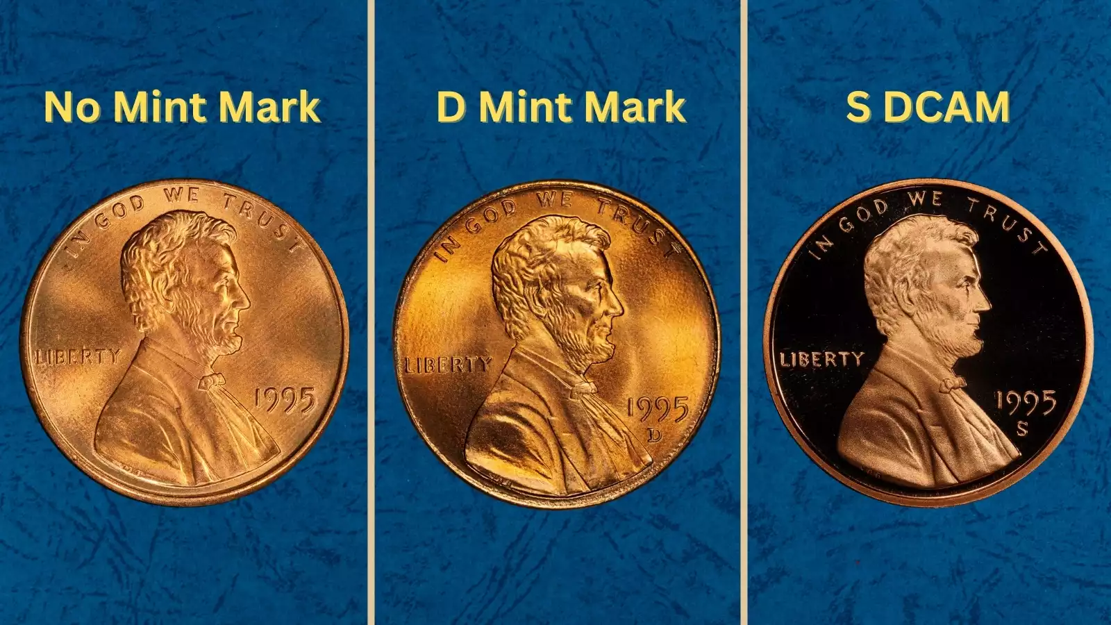 1995 Lincoln cent grading strip showing four condition tiers from worn to gem uncirculated